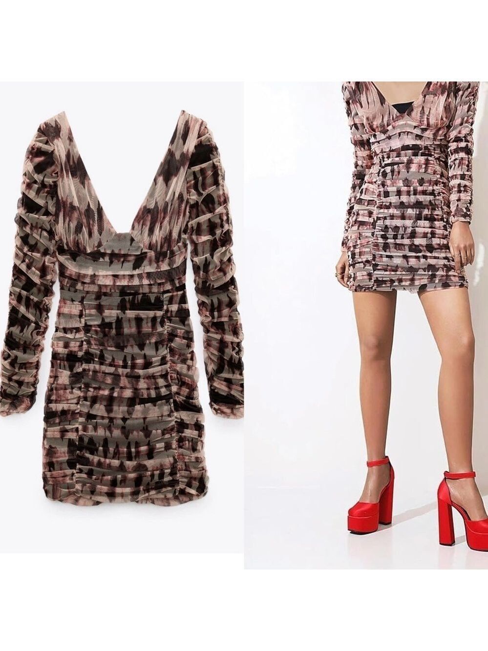 Zara pink brown tulle draped long sleeve V-neck mini dress tie-dye abstract Sz S